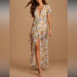 Lulu's Feels Magical Ivory Floral Print Short Sleeve Wrap Maxi Dress Sold Out S